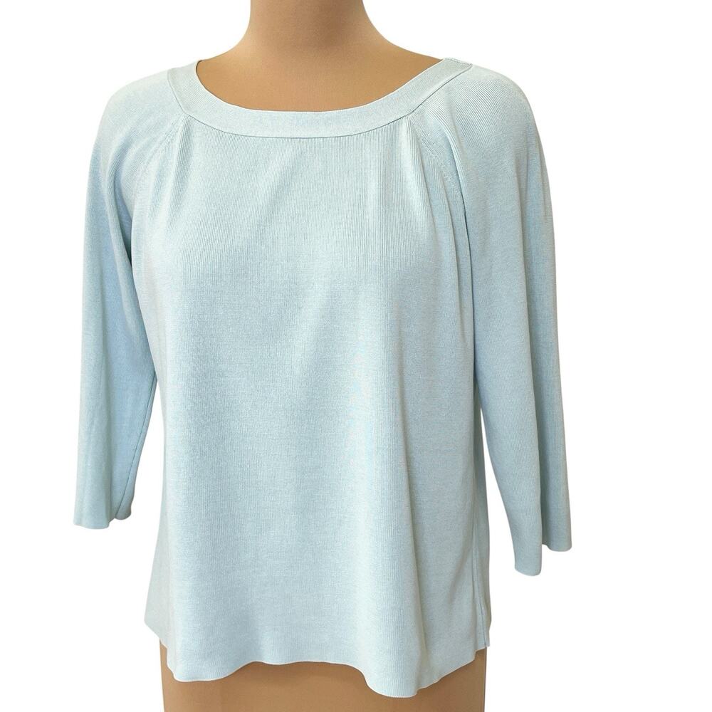 Ann Taylor Factory Silk Blend Knit Top Large Pale Blue Chic Coastal Classic Vtg